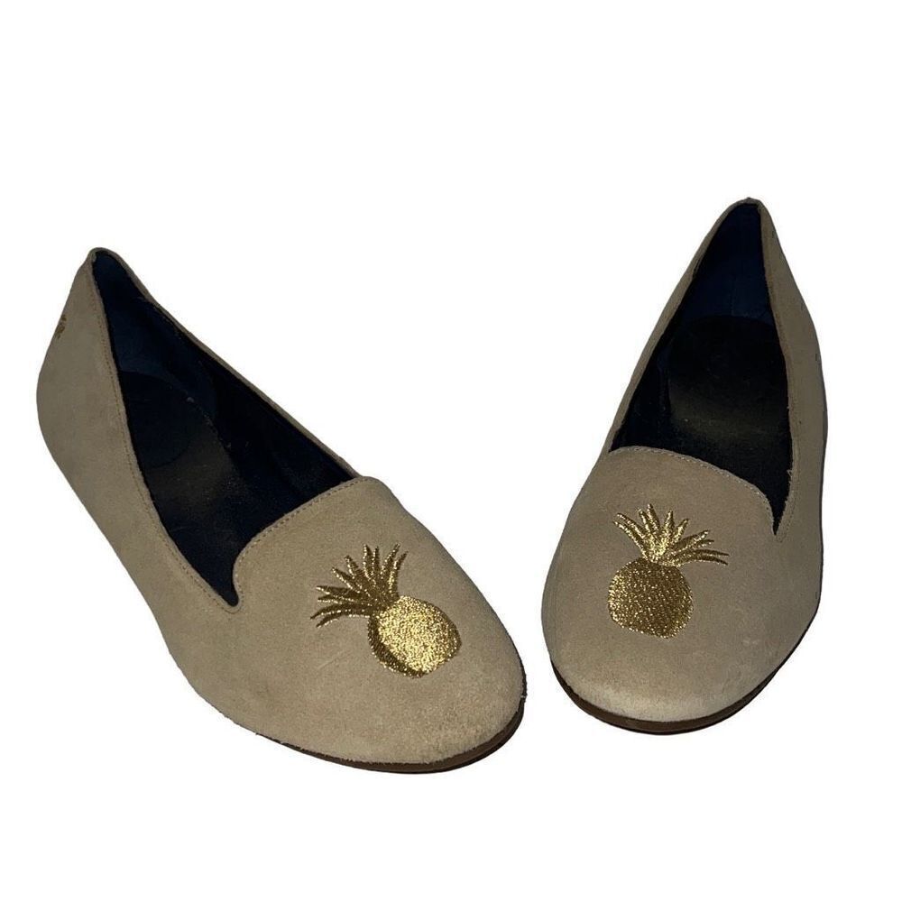 Jack Rogers Suede Anice Pineapple Flats Sand Gold Embroidery Coastal sz 8.5